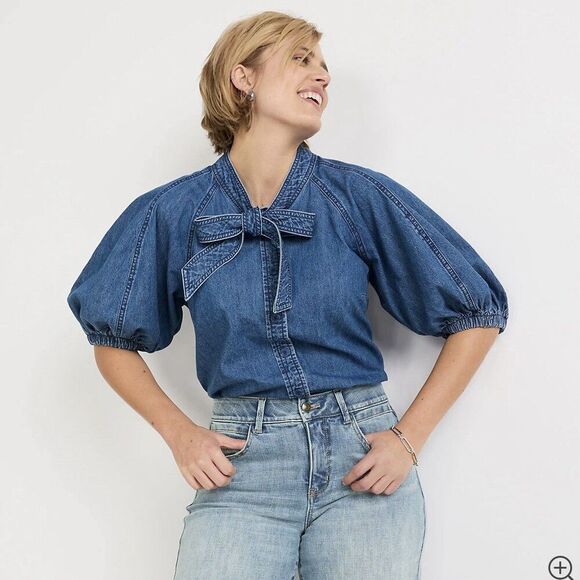 Lands End Denim Puff Sleeve Tie Front Top Women’s XL Medium Wash 100% Cotton - Picture 1 of 9